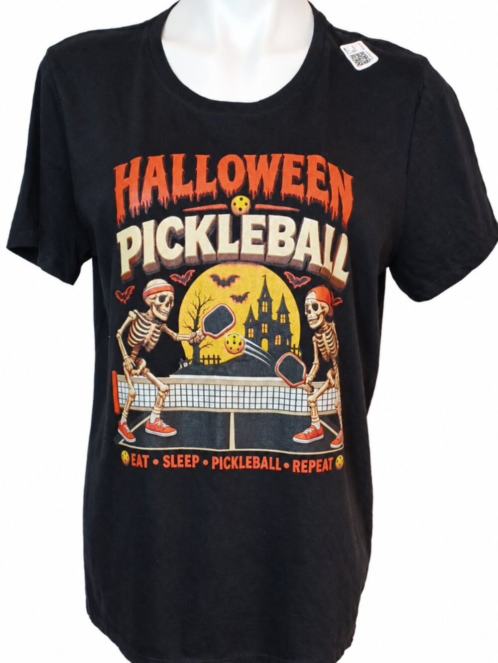 Large Womens Black Halloween Pickleball Skeleton Graphic T-Shirt